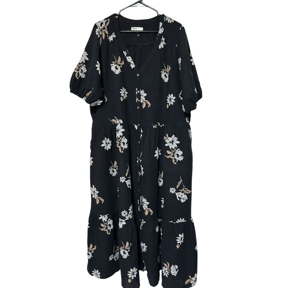 Sonoma Black Floral Maxi Dress 2X Button Front Boho Cotton Dress Plus Size
